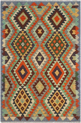 Flat Weave Kilim Antique Navaho Vintage handmade Geometric Kilim Rust Blue Hand-Woven Rectangle 100% Wool Area Rug 3x5